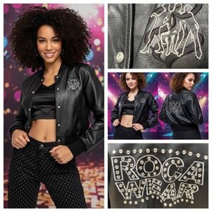 Vintage Rocawear Leather Bomber Jacket Women Black Studded Disco Logo Y2K Medium